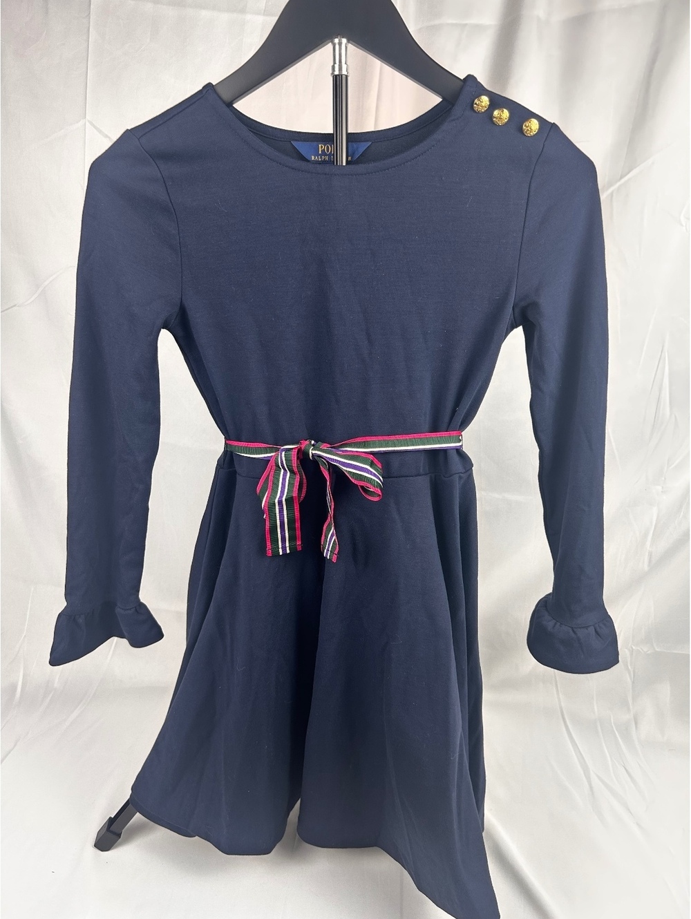 Polo Ralph Lauren Girls Navy Blue Long Sleeve Dress with Striped Waist Tie Size